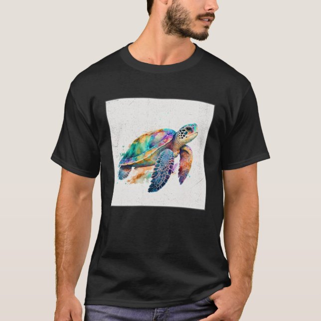 Cute Sea Turtle Paint Splatter Illustration Colorf T-Shirt (Front)
