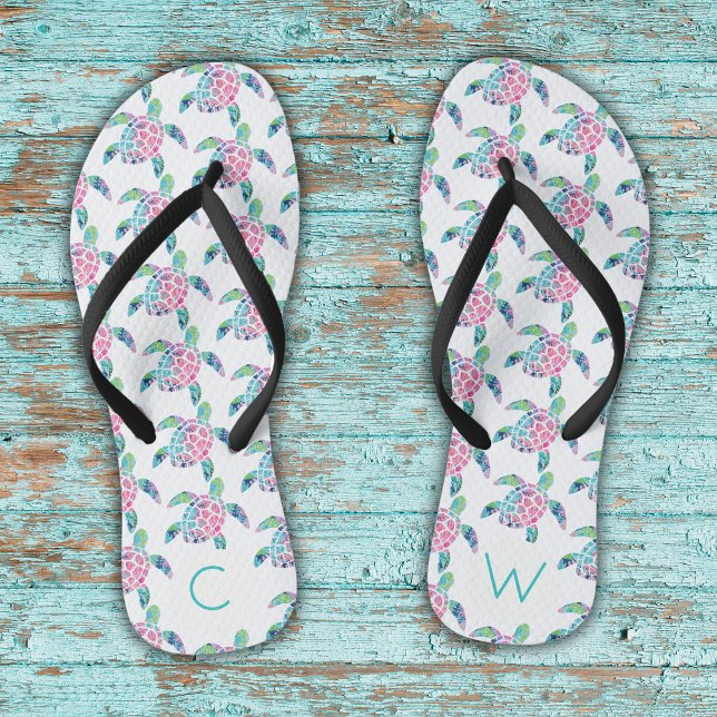Cute Sea Turtle Pattern Monogrammed Beach Cruise Jandals (Creator Uploaded)