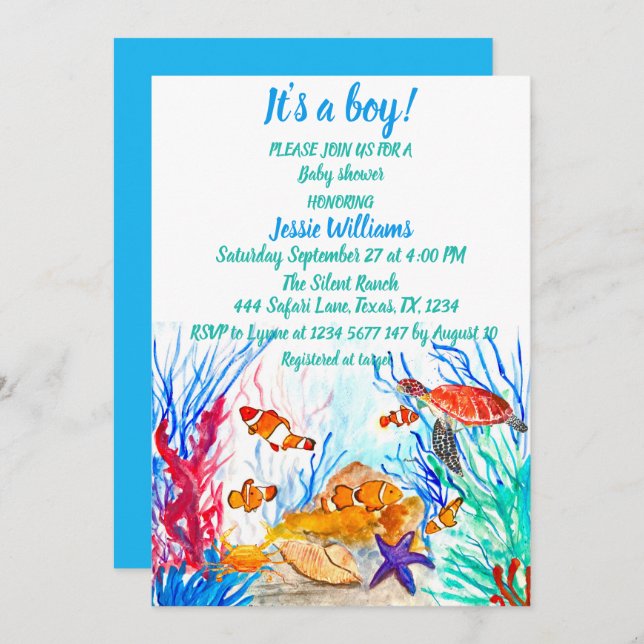 Cute Sea Turtle Under the sea Ocean Blue Baby Boy Invitation (Front/Back)