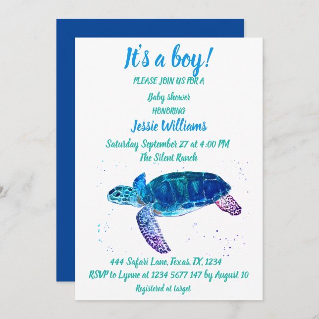 Cute Sea Turtle Under the sea Ocean Blue Baby Boy  Invitation (Front/Back)