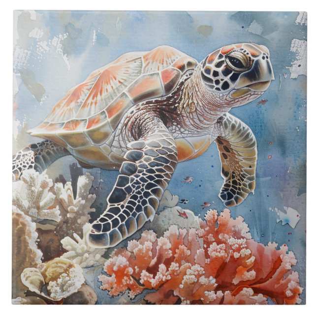 Cute Sea Turtle Watercolor Painting Tile (Front)