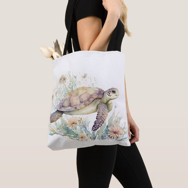 Cute Sea Turtle Watercolor  Tote Bag (Close Up)