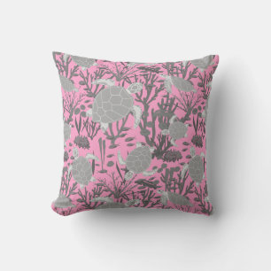 Cute Sea Turtles on Pink and Grey Cushion