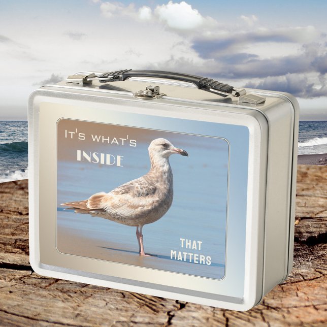 Cute Seagull Beach Metal Lunch Box (Lunch Box featuring a peaceful scene with a young seagull on the beach)
