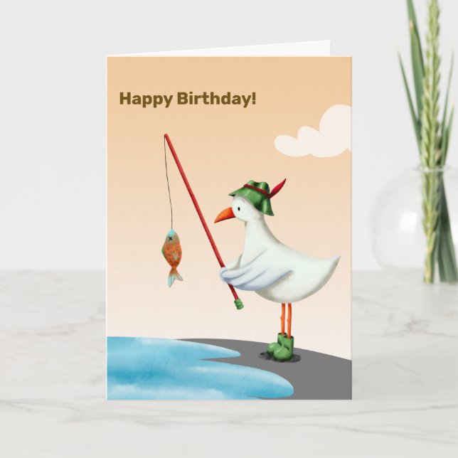 Cute Seagull Fishing Personalised Birthday Card (Front)