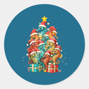 Cute Seahorse Le Sea Fish Christmas Tree Xmas Hat  Classic Round Sticker