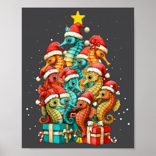 Cute Seahorse Le Sea Fish Christmas Tree Xmas Hat  Poster
