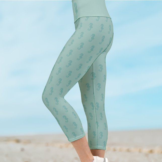 Cute Seahorse Monogram Sea Green Capri Leggings (Sea green seahorse pattern capri leggings with space for your initial)