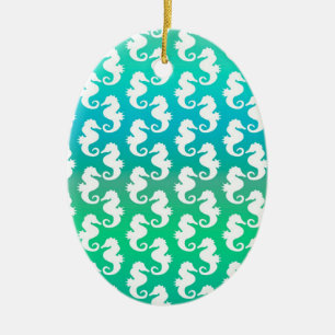 Cute Seahorse Pattern on Blue Green Ceramic Tree Decoration