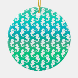 Cute Seahorse Pattern on Blue Green Ceramic Tree Decoration