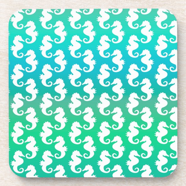 Cute Seahorse Pattern on Blue Green Coaster (Front)