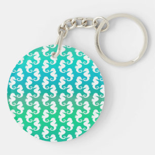Cute Seahorse Pattern on Blue Green Key Ring