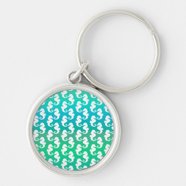 Cute Seahorse Pattern on Blue Green Key Ring (Front)