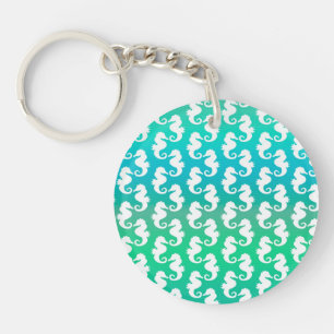 Cute Seahorse Pattern on Blue Green Key Ring