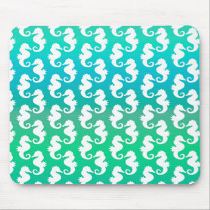 Cute Seahorse Pattern on Blue Green Mouse Pad