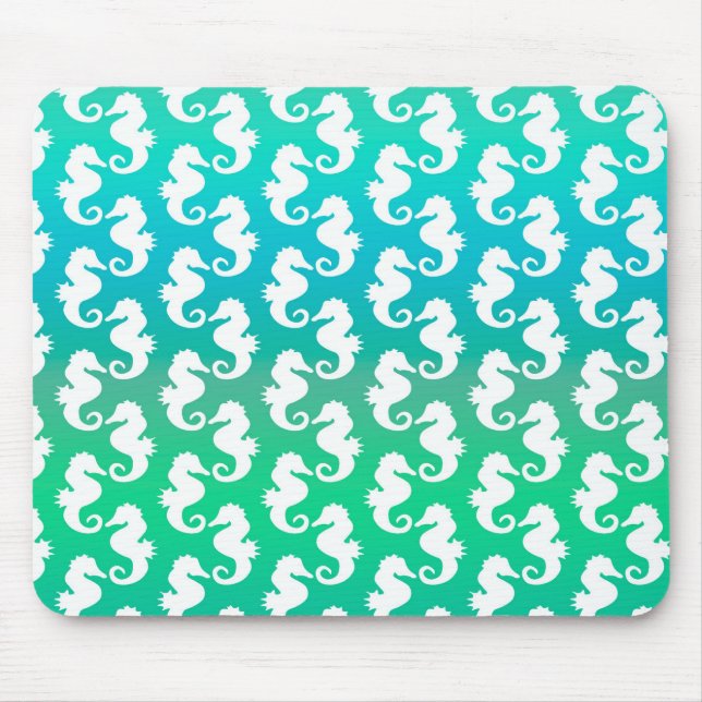 Cute Seahorse Pattern on Blue Green Mouse Pad (Front)