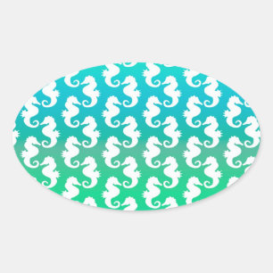 Cute Seahorse Pattern on Blue Green Oval Sticker