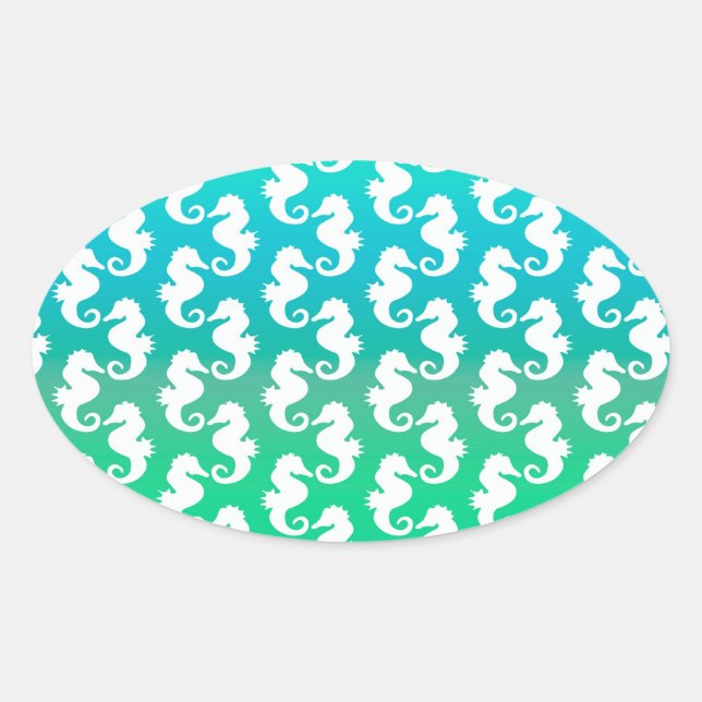 Cute Seahorse Pattern on Blue Green Oval Sticker (Front)