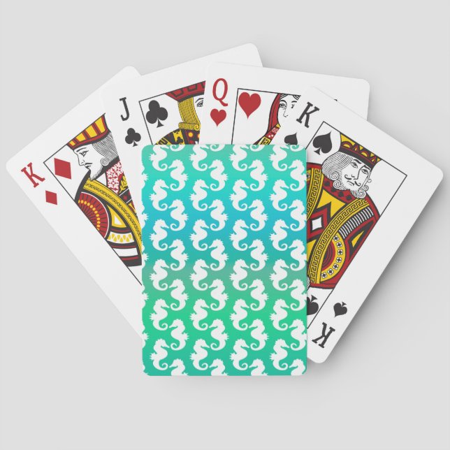 Cute Seahorse Pattern on Blue Green Playing Cards (Back)