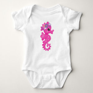 Cute Seahorse, Pink Seahorse, Flowers, Seashell Baby Bodysuit