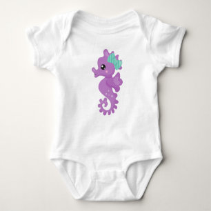 Cute Seahorse, Purple Seahorse, Ribbon, Stars Baby Bodysuit