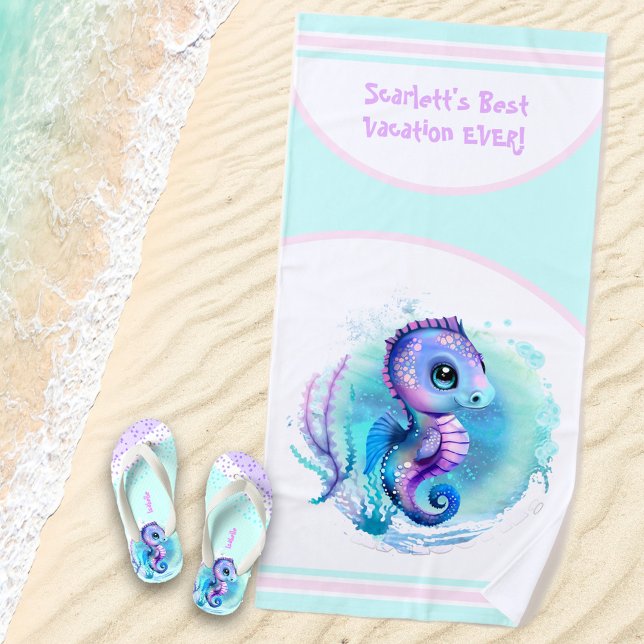 Cute Seahorse Summer Vacation Personalised Girl  Beach Towel (Creator Uploaded)