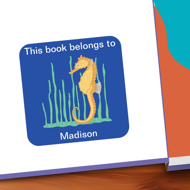 Cute Seahorse This Belongs To Bookplate Square Sticker (Cute Seahorse This Belongs To Personalized Bookplate)