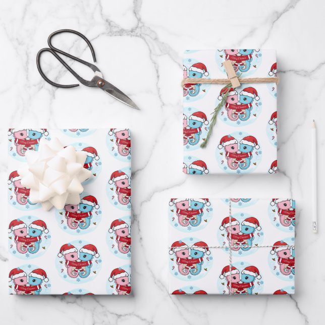 Cute Seahorses Christmas Wrapping Paper Sheets (Front)