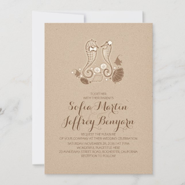 Cute seahorses elegant beach wedding invitation (Front)