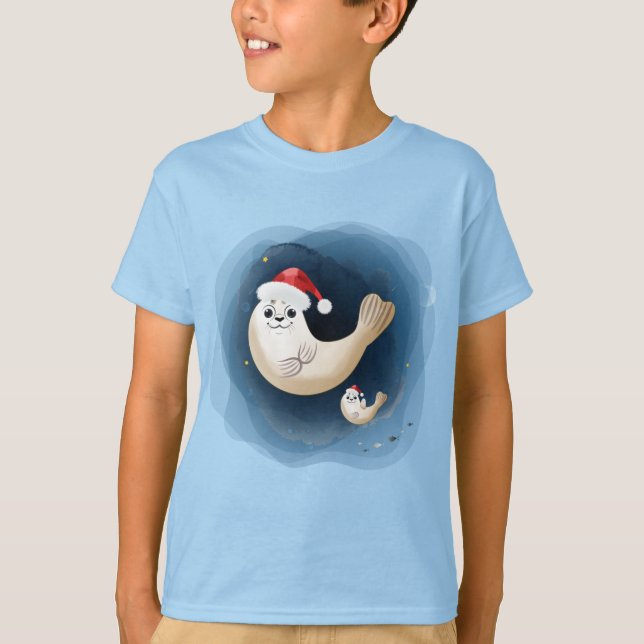 Cute seal baby with santa hat greeting christmas T-Shirt (Front)