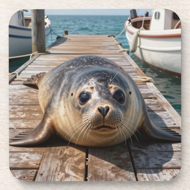 Cute Seal Laying on Boat Dock Ocean Pier Coaster (Front)