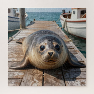 Cute Seal Laying on Boat Dock Ocean Pier Jigsaw Puzzle