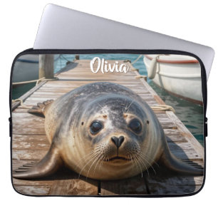 Cute Seal Laying on Boat Dock Ocean Pier Laptop Sleeve