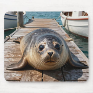 Cute Seal Laying on Boat Dock Ocean Pier Mouse Pad