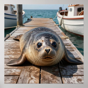 Cute Seal Laying on Boat Dock Ocean Pier Poster