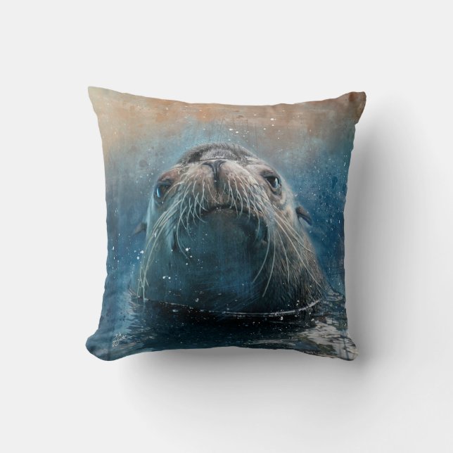Cute Seal Sea Lion Photography Watercolor Cushion (Front)