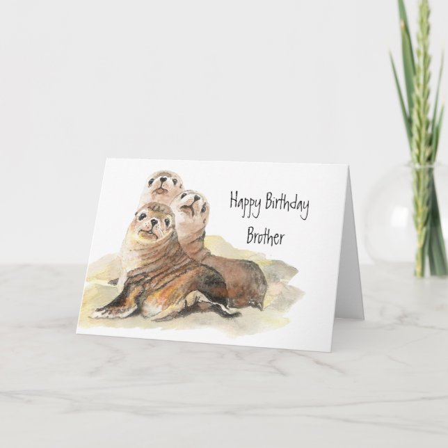 Cute Seals Brother Birthday Watercolor Animals Card (Front)