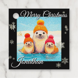 Cute seals with knitted hat Christmas illustration Favour Tags