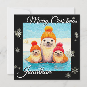 Cute seals with knitted hat Christmas illustration Holiday Card