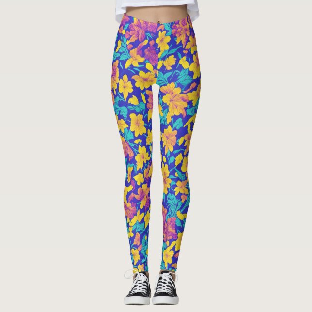 Cute Seamless Floral LulaRoe Pink Yellow Purple Leggings (Front)