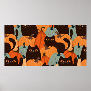 Cute seamless pattern with black cats and pumpkins poster