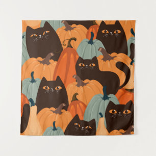 Cute seamless pattern with black cats and pumpkins tapestry