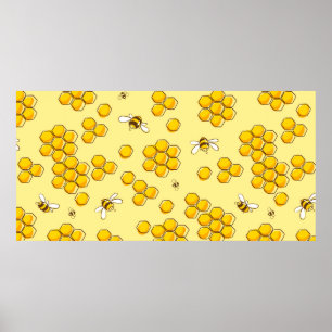 Cute seamless pattern with flying bees. Vintage il Poster