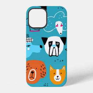Cute seamless pattern with funny dogs on a blue ba iPhone 12 case
