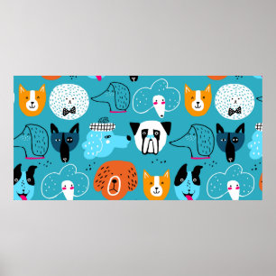 Cute seamless pattern with funny dogs on a blue ba poster
