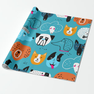 Cute seamless pattern with funny dogs on a blue ba wrapping paper