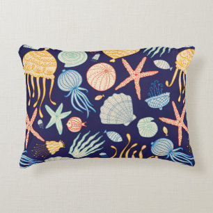 Cute seamless pattern with jellyfish, shells, fish decorative cushion