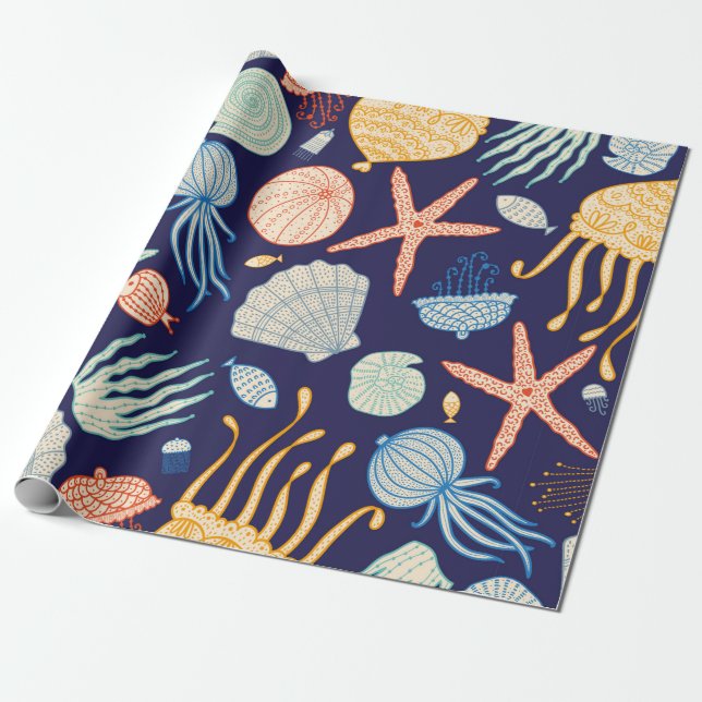 Cute seamless pattern with jellyfish, shells, fish wrapping paper (Unrolled)