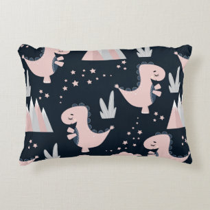 Cute seamless pattern with pink dinosaurs on a dar decorative cushion
