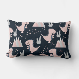 Cute seamless pattern with pink dinosaurs on a dar lumbar cushion